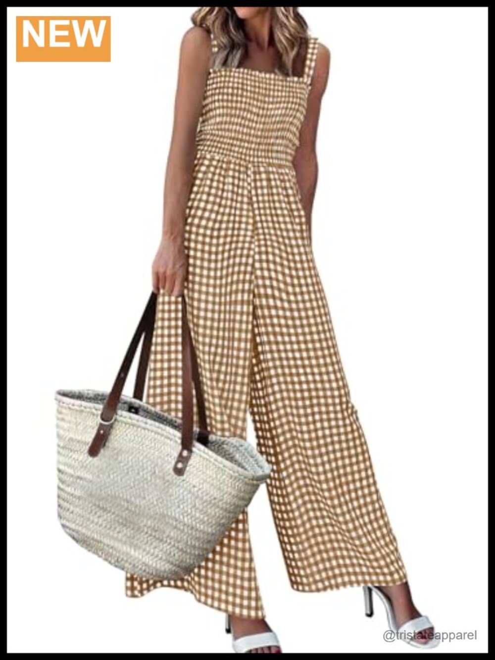 Womens Gingham Jumpsuit Wide Leg Smocked Sleeveless Romper